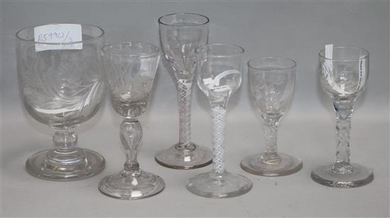 An engraved rummer rated 1860, two opaque twist cordial glasses, two faceted stem glasses and on other tallest 15cm